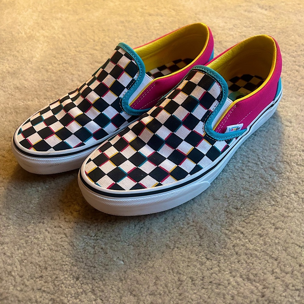 Vans Checkered Slip on Blue Pink and Yellow Retro Addition